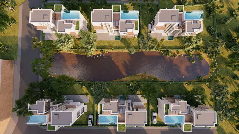 Villas with private pools, seen from above