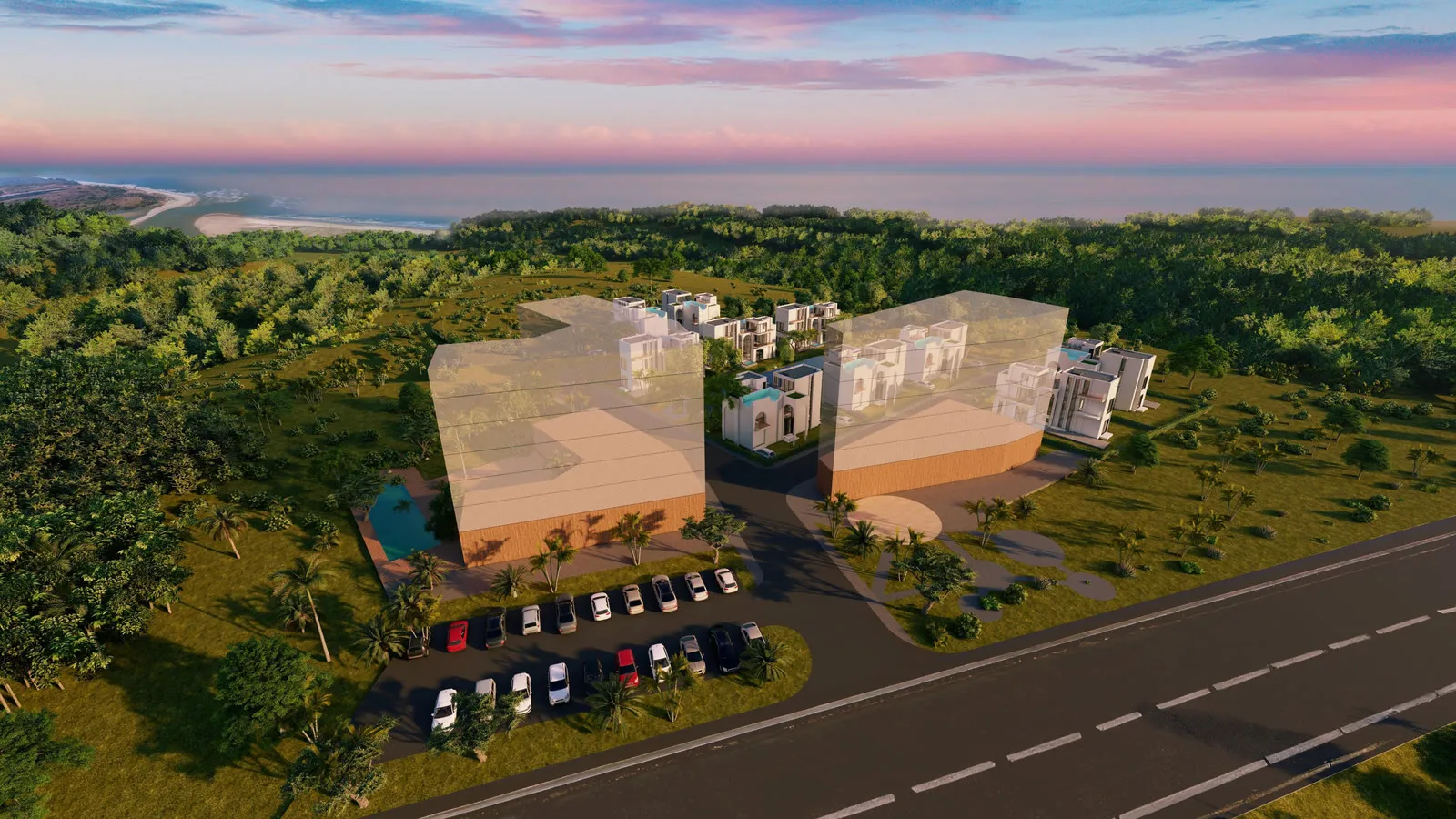 Aerial render of a coastal development site
