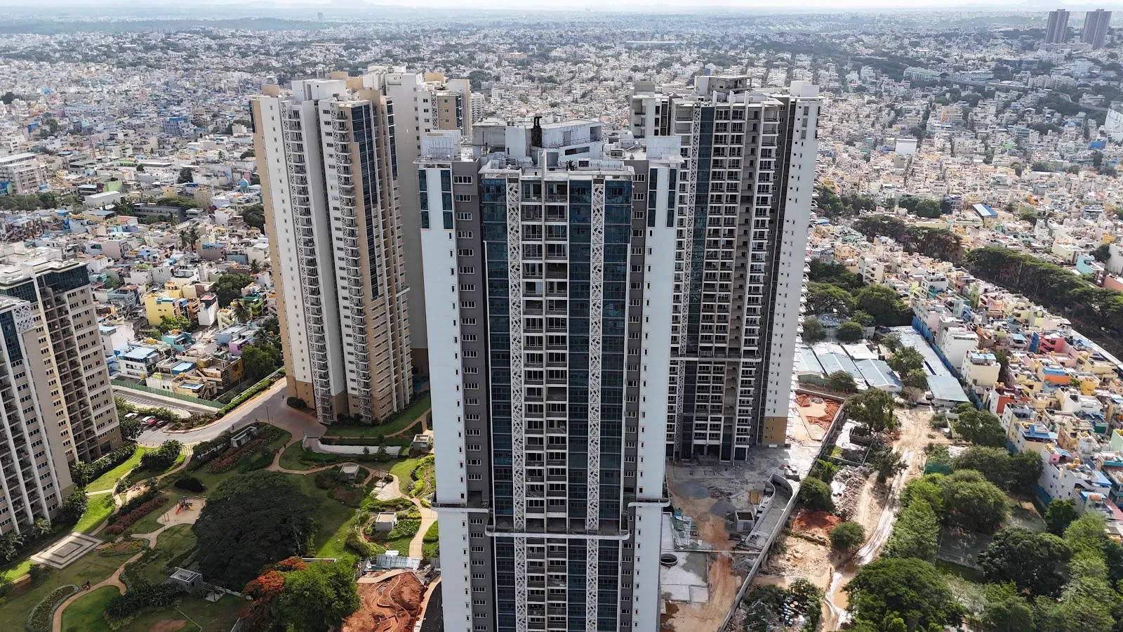 Binnipete, Bengaluru: high-rise residential towers, drone view