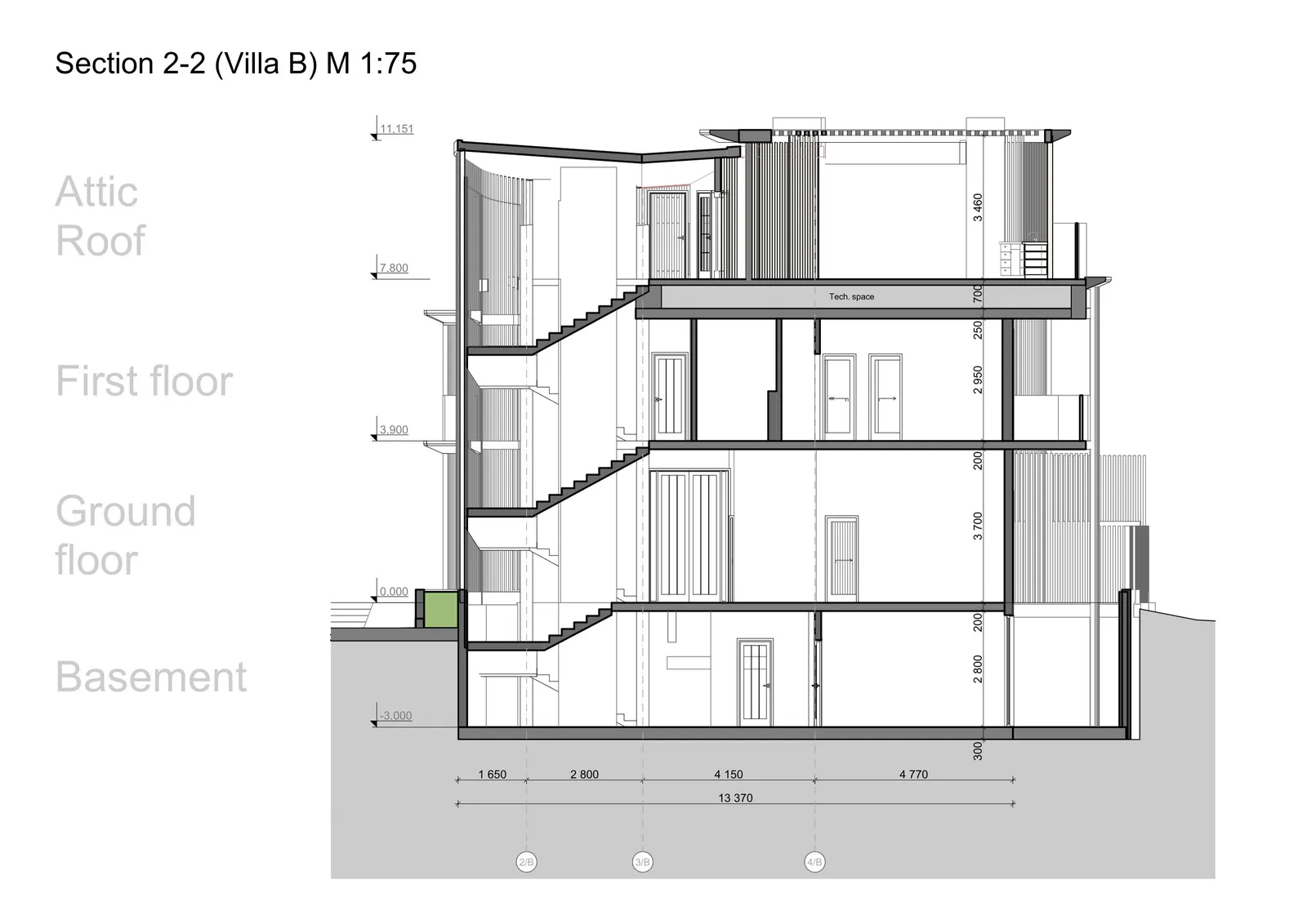 Villa B: section 2-2 through all four levels